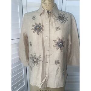 Alfred Dunner 100% Silk 3/4 Sleeve Shirt Button Up w/ Embroidery & Beaded Accent